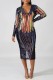 Blue Casual Patchwork Sequins V Neck Long Sleeve Dresses