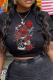 Black Daily Vintage Print Skull Patchwork O Neck T-Shirts