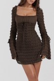 Dark Brown Casual Solid Patchwork Square Collar Long Sleeve Dresses