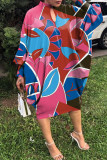 Turquoise Casual Print Hollowed Out Button Collar Long Sleeve Dresses