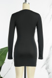 Black Casual Solid Hollowed Out O Neck Long Sleeve Dresses