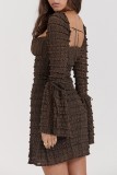 Dark Brown Casual Solid Patchwork Square Collar Long Sleeve Dresses