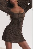 Dark Brown Casual Solid Patchwork Square Collar Long Sleeve Dresses