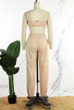 Apricot Casual Solid Backless Spaghetti Strap Sleeveless Two Pieces