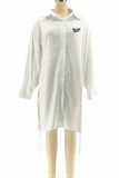White Sexy Print Hollowed Out Letter Turndown Collar Shirt Dress Dresses