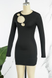 Black Casual Solid Hollowed Out O Neck Long Sleeve Dresses