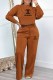 Brown Casual Print Letter O Neck Long Sleeve Two Pieces