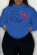 Royal Blue Street Vintage Print Draw String Letter Hooded Collar Tops