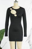 Black Casual Solid Hollowed Out O Neck Long Sleeve Dresses