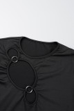 Black Casual Solid Hollowed Out O Neck Long Sleeve Dresses