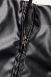 Black Street Solid Patchwork Buttons Zipper Mandarin Collar Tops