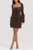 Dark Brown Casual Solid Patchwork Square Collar Long Sleeve Dresses