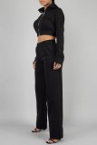 Black Casual Solid Basic Hooded Collar Long Sleeve Two Pieces