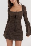 Dark Brown Casual Solid Patchwork Square Collar Long Sleeve Dresses