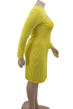 Yellow Casual Solid Hollowed Out Patchwork O Neck One Step Skirt Plus Size Dresses