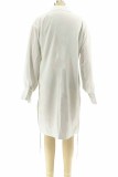 White Sexy Print Hollowed Out Letter Turndown Collar Shirt Dress Dresses