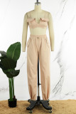 Apricot Casual Solid Backless Spaghetti Strap Sleeveless Two Pieces