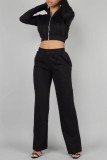 Black Casual Solid Basic Hooded Collar Long Sleeve Two Pieces