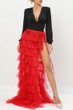 Red Casual Solid Patchwork Slit Regular High Waist Conventional Solid Color Skirts