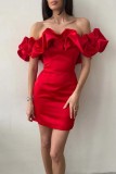 Red Sexy Solid Patchwork Backless Off the Shoulder Strapless Dress Dresses