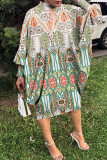Turquoise Casual Print Hollowed Out Button Collar Long Sleeve Dresses