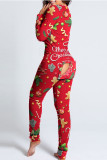 Christmas Tree Street Print Patchwork Buttons V Neck Skinny Jumpsuits