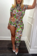 Green Sexy Print Patchwork Turtleneck Short Sleeve Two Pieces