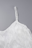 White Celebrities Solid Tassel Patchwork Spaghetti Strap Sling Dress Dresses