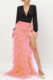Peach Casual Solid Patchwork Slit Regular High Waist Conventional Solid Color Skirts