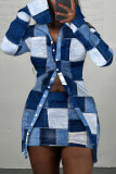 Blue Street Print Patchwork Buckle Turndown Collar Long Sleeve Two Pieces