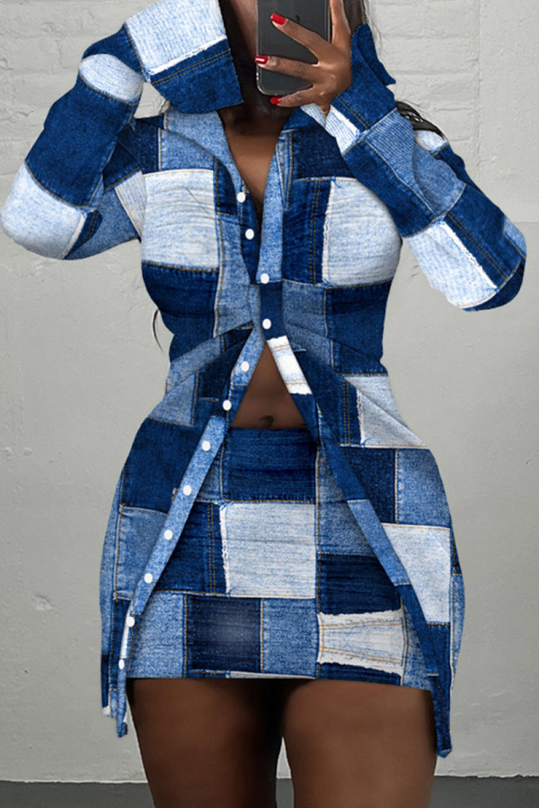 Blue Street Print Patchwork Buckle Turndown Collar Long Sleeve Two Pieces