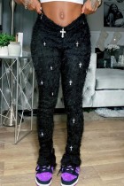 Black Casual Solid Patchwork Skinny Mid Waist Conventional Patchwork Trousers