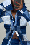 Blue Street Print Patchwork Buckle Turndown Collar Long Sleeve Two Pieces