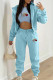 Lake Blue Casual Print Patchwork Draw String Pocket Hooded Collar Long Sleeve Three Pieces