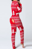 Red Yellow Street Print Patchwork Buttons V Neck Skinny Jumpsuits