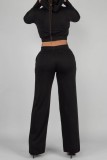 Black Casual Solid Basic Hooded Collar Long Sleeve Two Pieces
