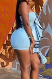 Blue Sexy Casual Patchwork Backless Contrast Strapless Wrapped Skirt Dresses