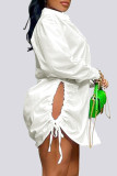 White Sexy Print Hollowed Out Letter Turndown Collar Shirt Dress Dresses