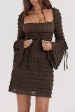 Dark Brown Casual Solid Patchwork Square Collar Long Sleeve Dresses