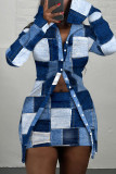 Blue Street Print Patchwork Buckle Turndown Collar Long Sleeve Two Pieces