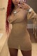 Khaki Sexy Solid Backless O Neck Long Sleeve Dresses