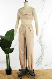 Apricot Casual Solid Backless Spaghetti Strap Sleeveless Two Pieces