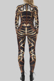 Brown Sexy Print Patchwork Zipper O Neck Skinny Jumpsuits
