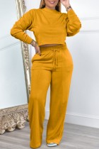 Earth Yellow Casual Solid Basic O Neck Long Sleeve Two Pieces