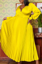 Yellow Elegant Solid Patchwork With Belt Pleated V Neck Long Dress Dresses（Belt Included）