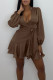 Coffee Casual Solid Bandage Patchwork Flounce V Neck One Step Skirt Dresses