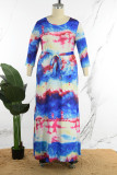 Blue Casual Print Bandage Patchwork O Neck Printed Dress Plus Size Dresses