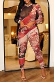 Red Casual Print See-through O Neck Skinny Jumpsuits