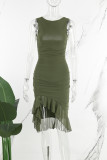 Black Casual Solid Fold Asymmetrical O Neck Sleeveless Dress Dresses