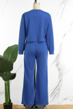 Blue Casual Solid Patchwork Draw String Pocket O Neck Long Sleeve Two Pieces